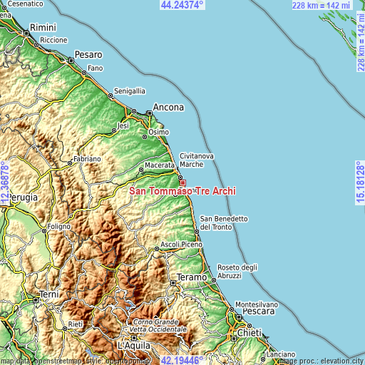 Topographic map of San Tommaso Tre Archi