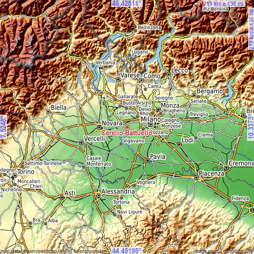 Topographic map of Cerello-Battuello