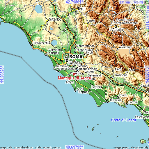 Topographic map of Mantiglia di Ardea