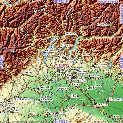 Topographic map of Beregazzo