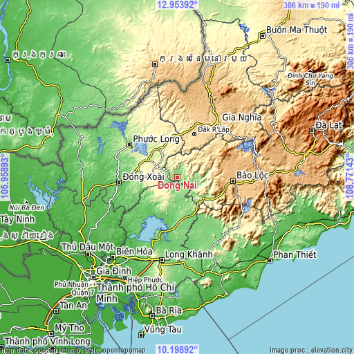 Topographic map of Đồng Nai