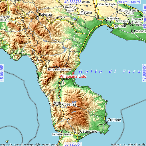 Topographic map of Villapiana Lido