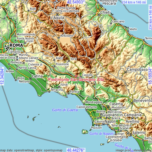 Topographic map of Piedimonte San Germano Alta