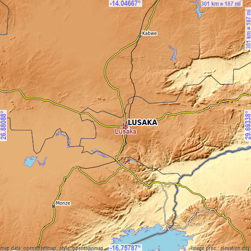 Topographic map of Lusaka