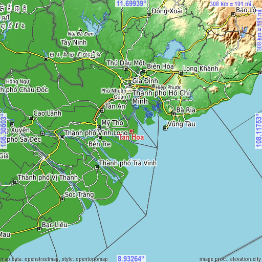 Topographic map of Tân Hòa