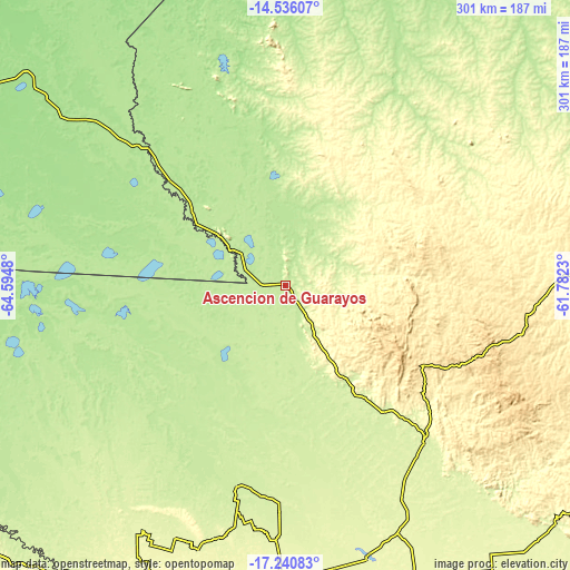 Topographic map of Ascención de Guarayos