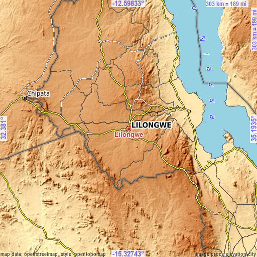 Topographic map of Lilongwe