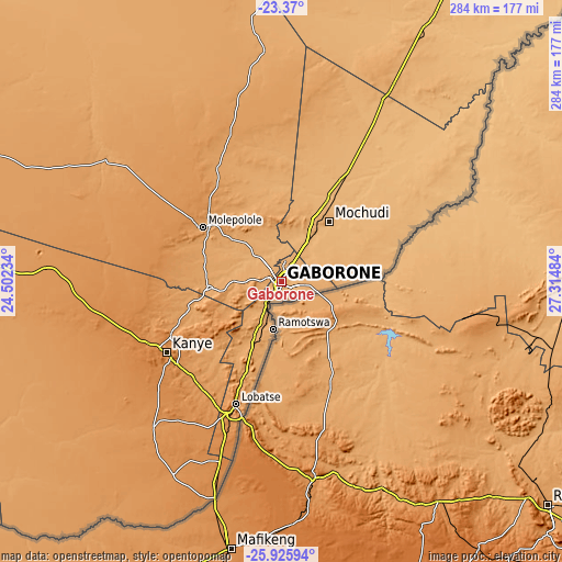 Topographic map of Gaborone