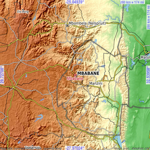 Topographic map of Mbabane