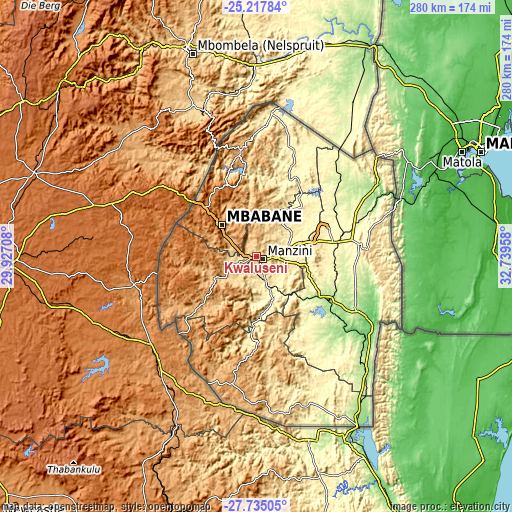 Topographic map of Kwaluseni