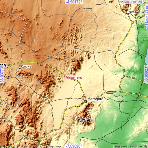 Topographic map of Mvomero