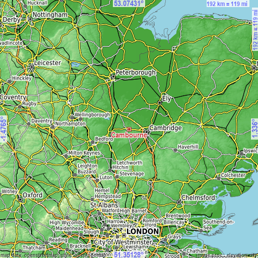 Topographic map of Cambourne