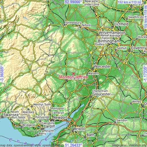 Topographic map of Moreton Jeffries