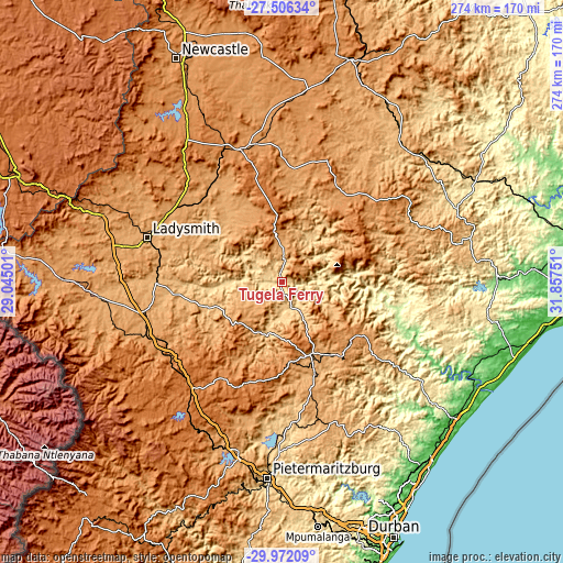 Topographic map of Tugela Ferry
