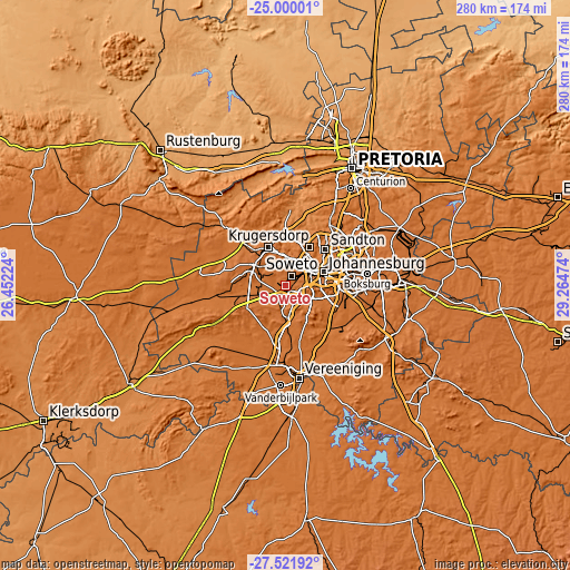 Topographic map of Soweto