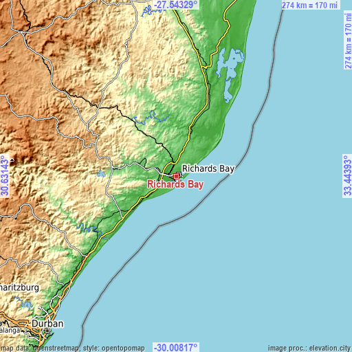 Topographic map of Richards Bay