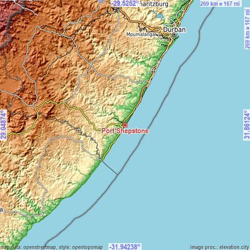 Topographic map of Port Shepstone