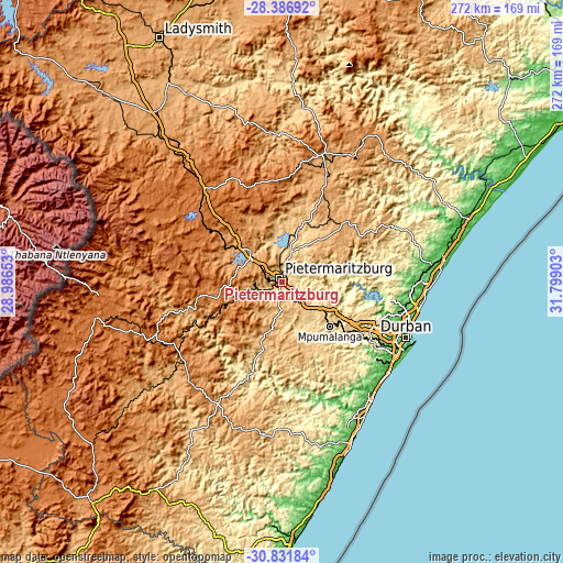 Topographic map of Pietermaritzburg