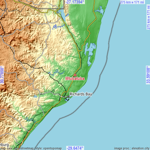 Topographic map of Mtubatuba
