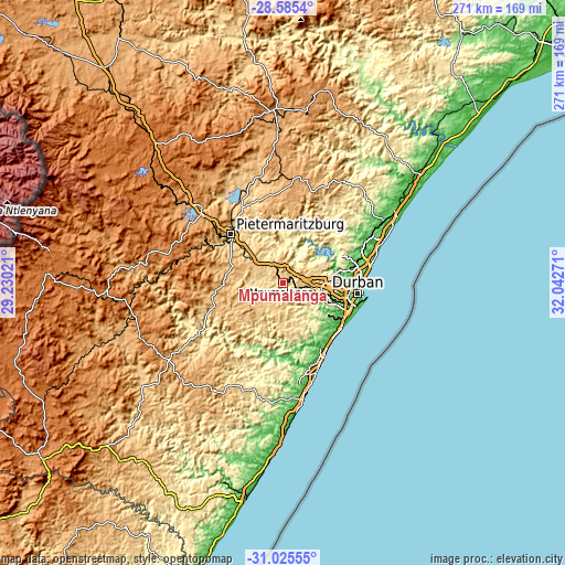 Topographic map of Mpumalanga