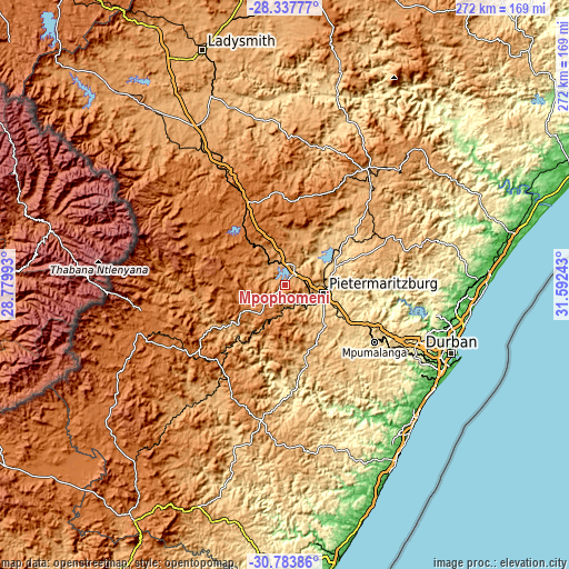Topographic map of Mpophomeni