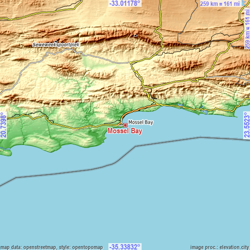Topographic map of Mossel Bay