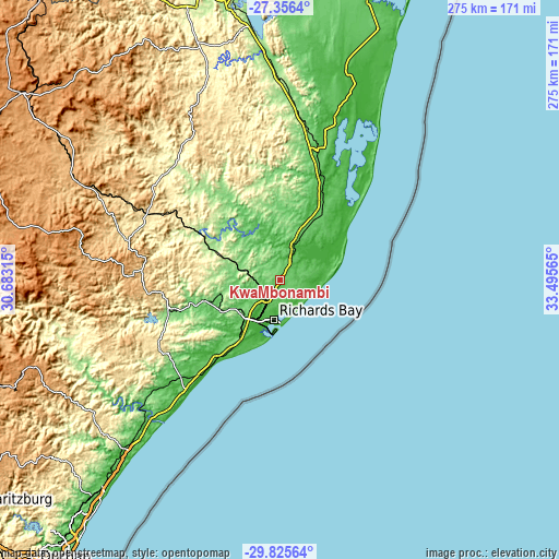 Topographic map of KwaMbonambi