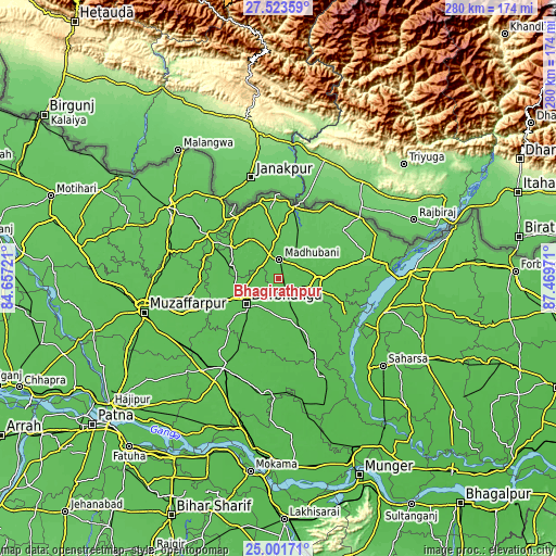 Topographic map of Bhagirathpur