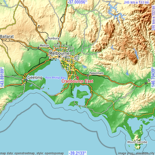 Topographic map of Cranbourne East