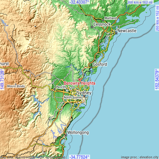 Topographic map of Berowra Heights