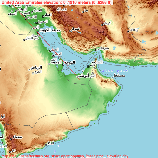 United Arab Emirates on topographic map