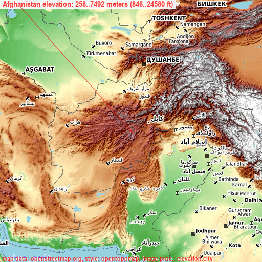 Afghanistan on topographic map