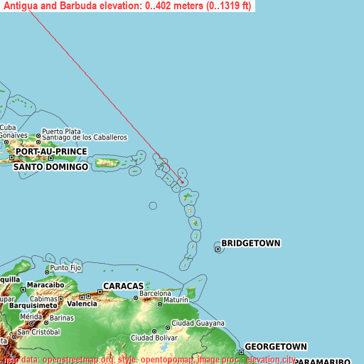 Antigua and Barbuda on topographic map