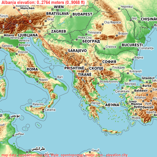 Albania on topographic map