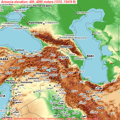 Armenia on topographic map