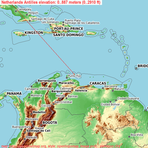 Netherlands Antilles on topographic map