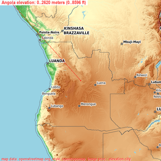 Angola on topographic map