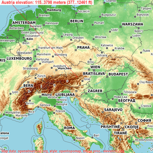 Austria on topographic map