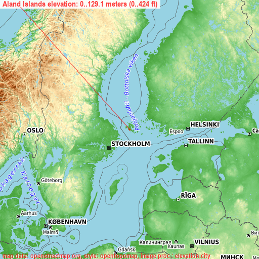 Aland Islands on topographic map