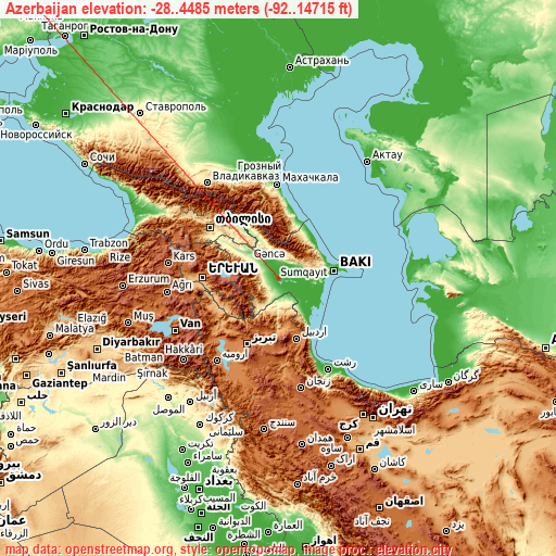 Azerbaijan on topographic map
