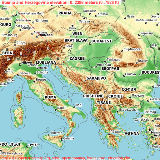 Bosnia and Herzegovina on topographic map