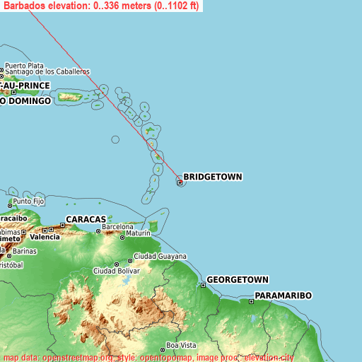 Barbados on topographic map