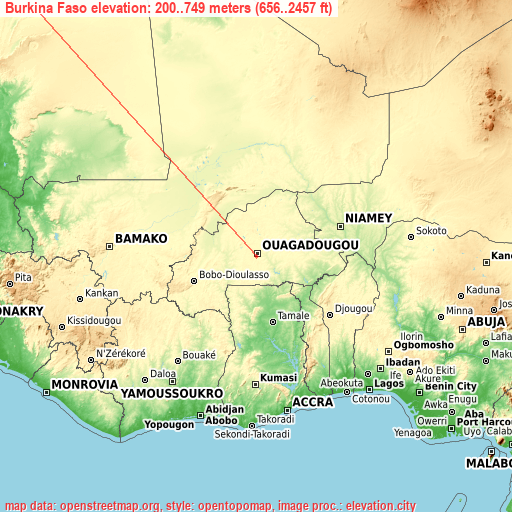 Burkina Faso on topographic map