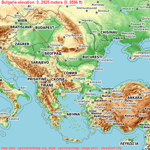Bulgaria on topographic map