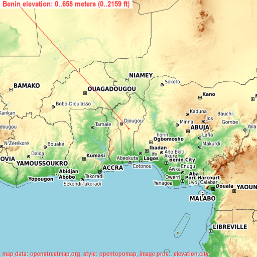 Benin on topographic map
