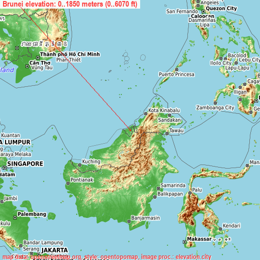 Brunei on topographic map