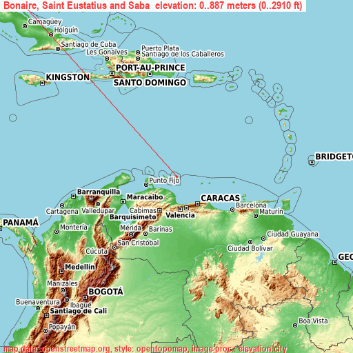 Bonaire, Saint Eustatius and Saba  on topographic map