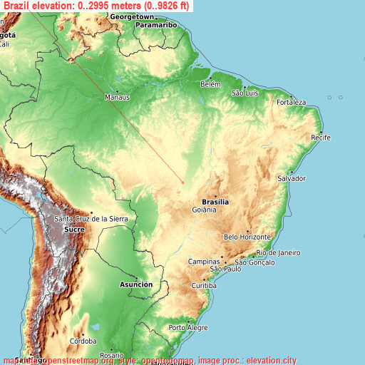 Brazil on topographic map
