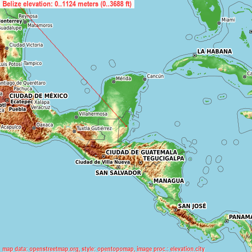 Belize on topographic map
