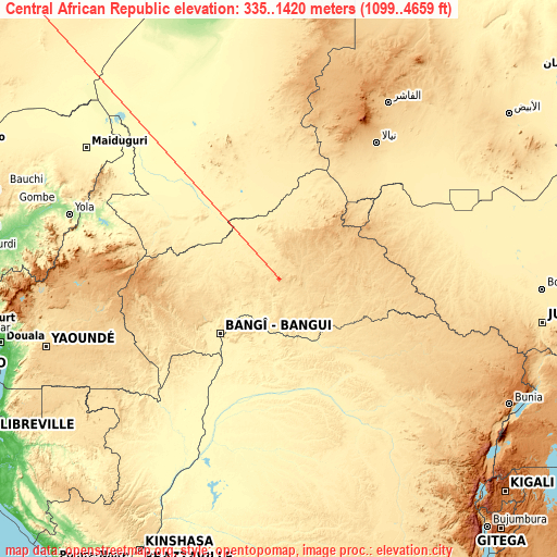 Central African Republic on topographic map